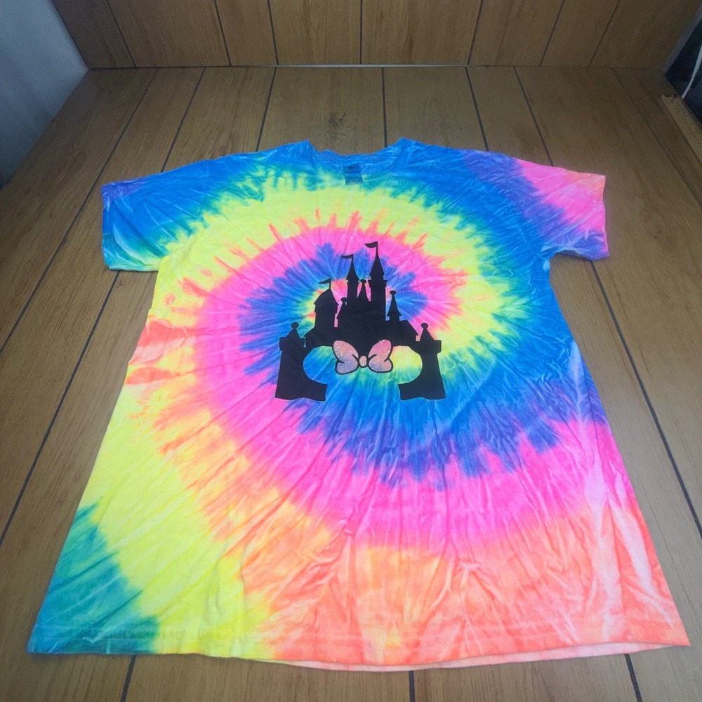 Colortone Rainbow Tie Dye Castle Glitter Bow Graphic T-Shirt Womens Large